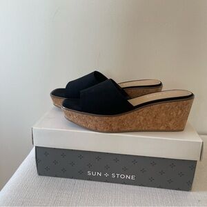 Sun + Stone Black Wedges with Cork Sole